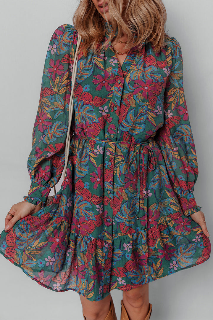 Green Floral Friled V Neck Puff Sleeve Ruffled Shirt Dress