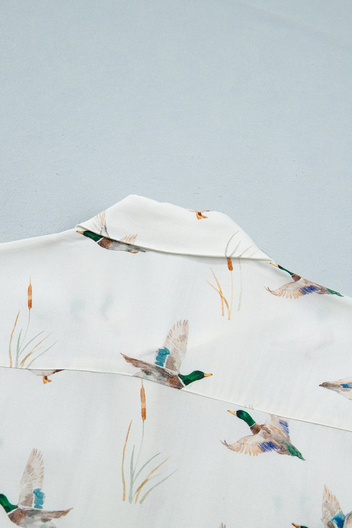 White Mallard Printed Button Flap Pocket Short Sleeve Shirt