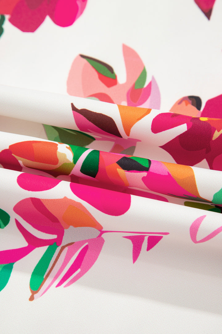 Pink Floral Print V Neck Ruffle Sleeve Plus Size Midi Dress