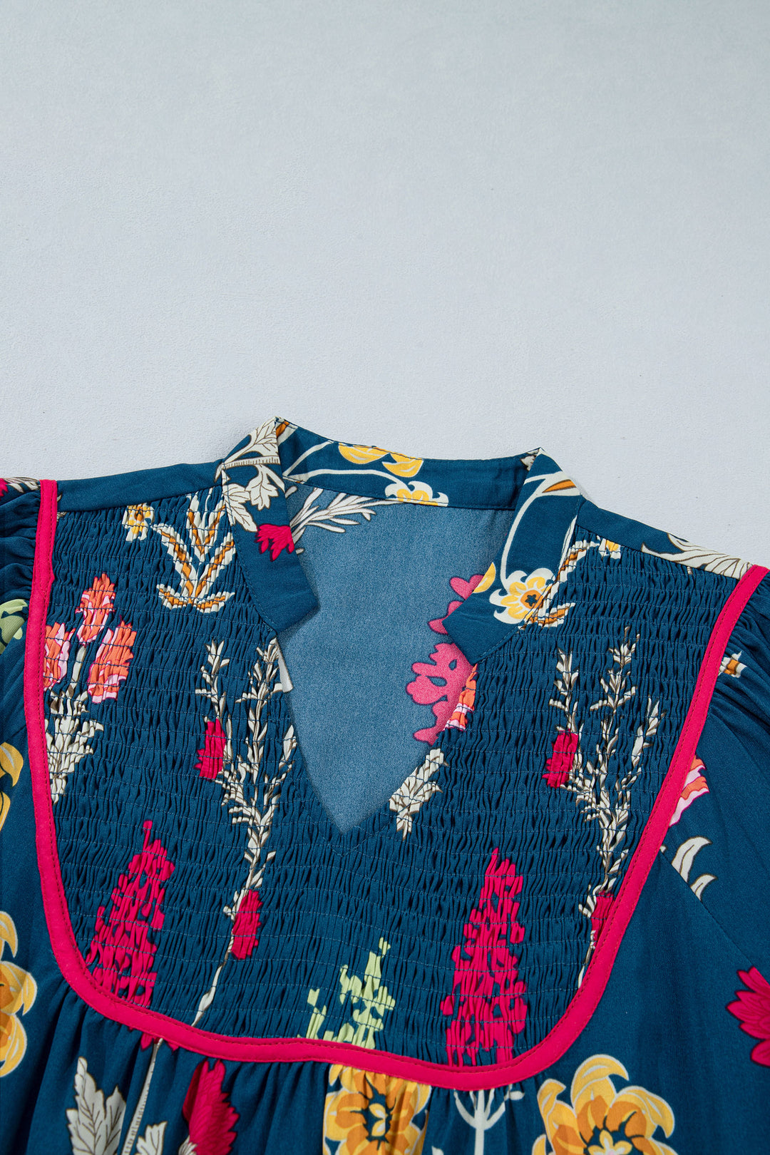 Blue Floral Print Gathered Neckline 7/8 Sleeve Casual Midi Dress