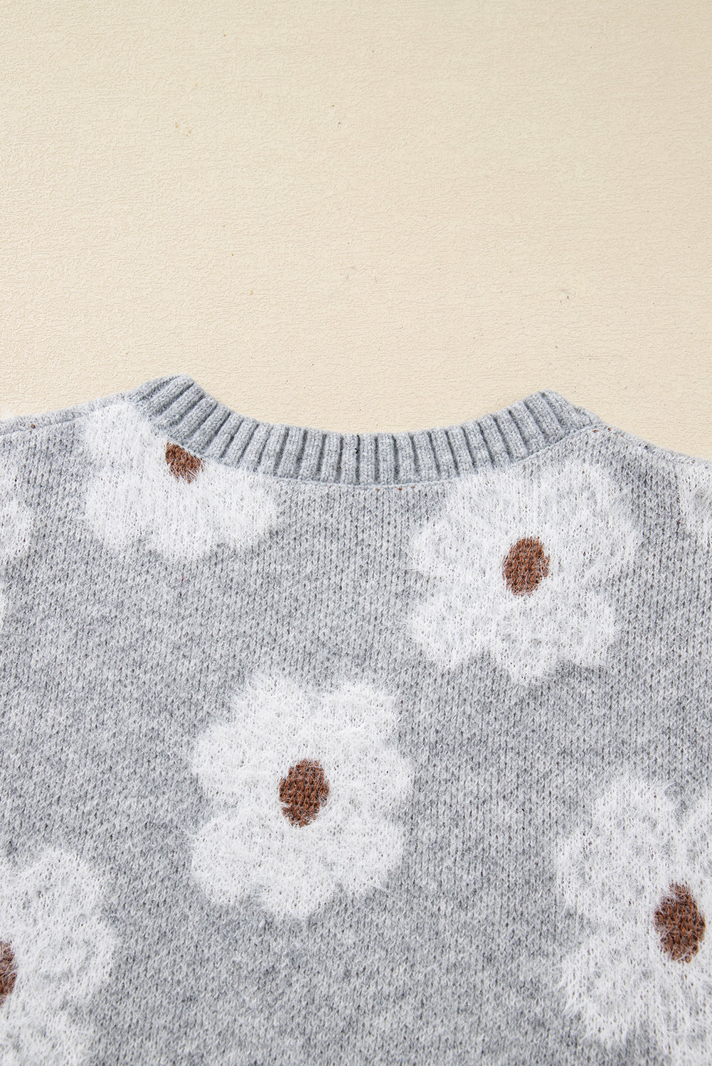 Gray Cute Flower Print V Neck Drop Shoulder Baggy Sweater