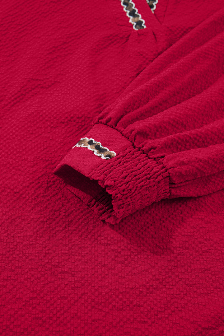 Racing Red Leopard Jacquard Print V Neck Textured Blouse