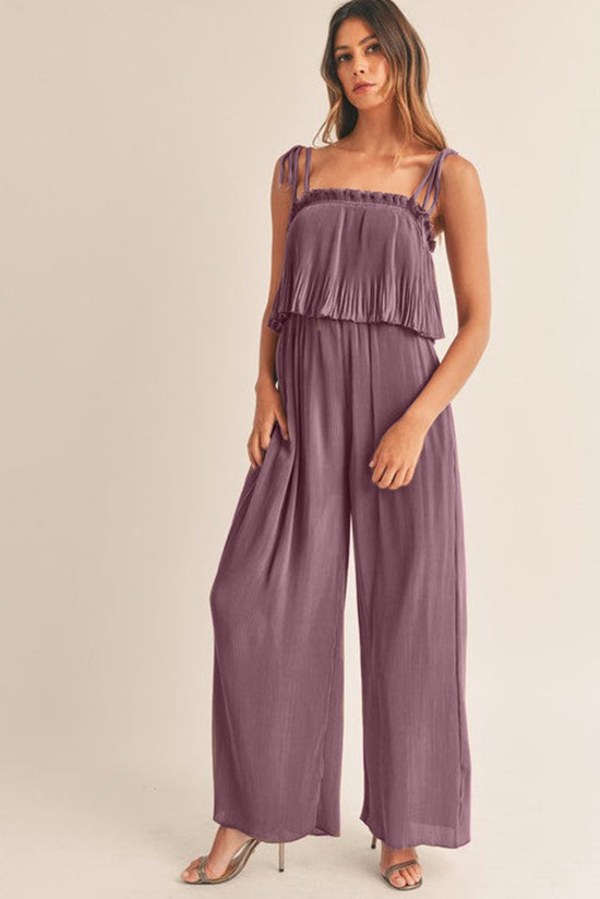 Rose Tan Solid Self Tied Straps Pleated Wide Leg Jumpsuit | Women