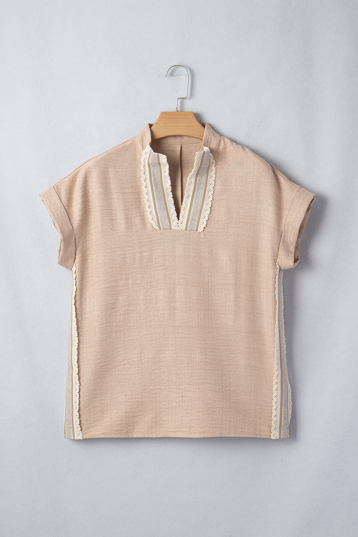 Parchment Crochet Lace Accent Pullover Rolled Short Sleeve Blouse