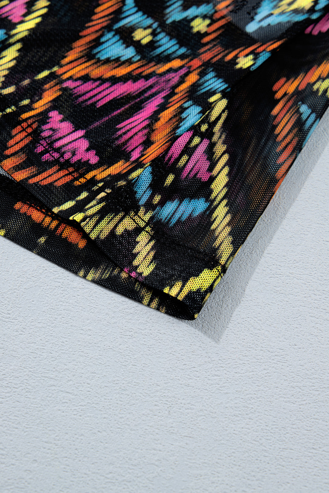 Color black Abstract Print Long Sleeve Stand Neck Mesh Top