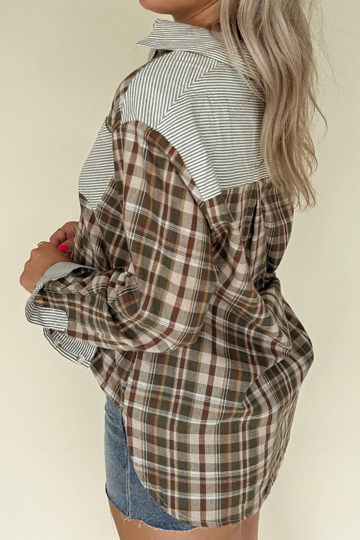 Brown Plaid Print Striped Patchwork Single Chest Pocket Buttoned Shirt