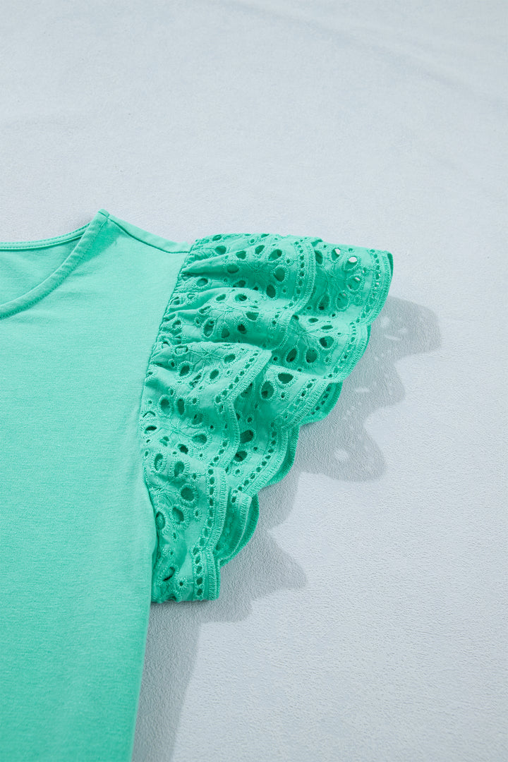 Mint Green Eyelet Lace Ruffled Cap Sleeve Top