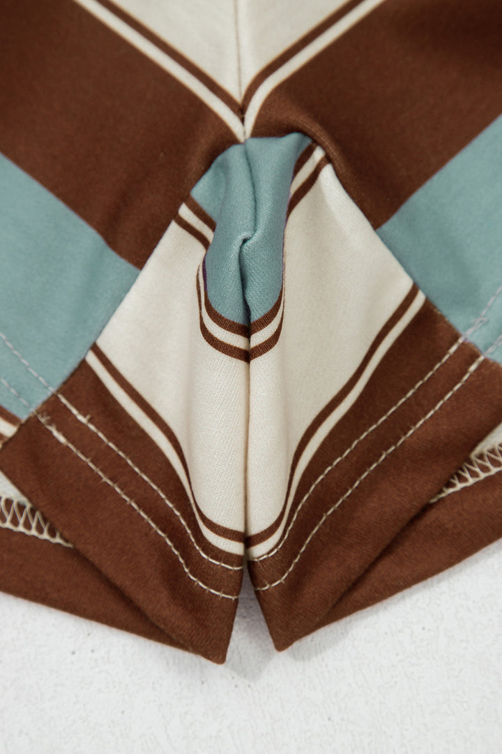 White Stripe Button Polo Collar Tee Drawstring Elastic Waist Patchwork 2pcs Short Set