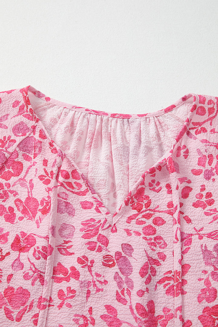 Pink Floral Puff Sleeve Split Neck Lightweight Blouse