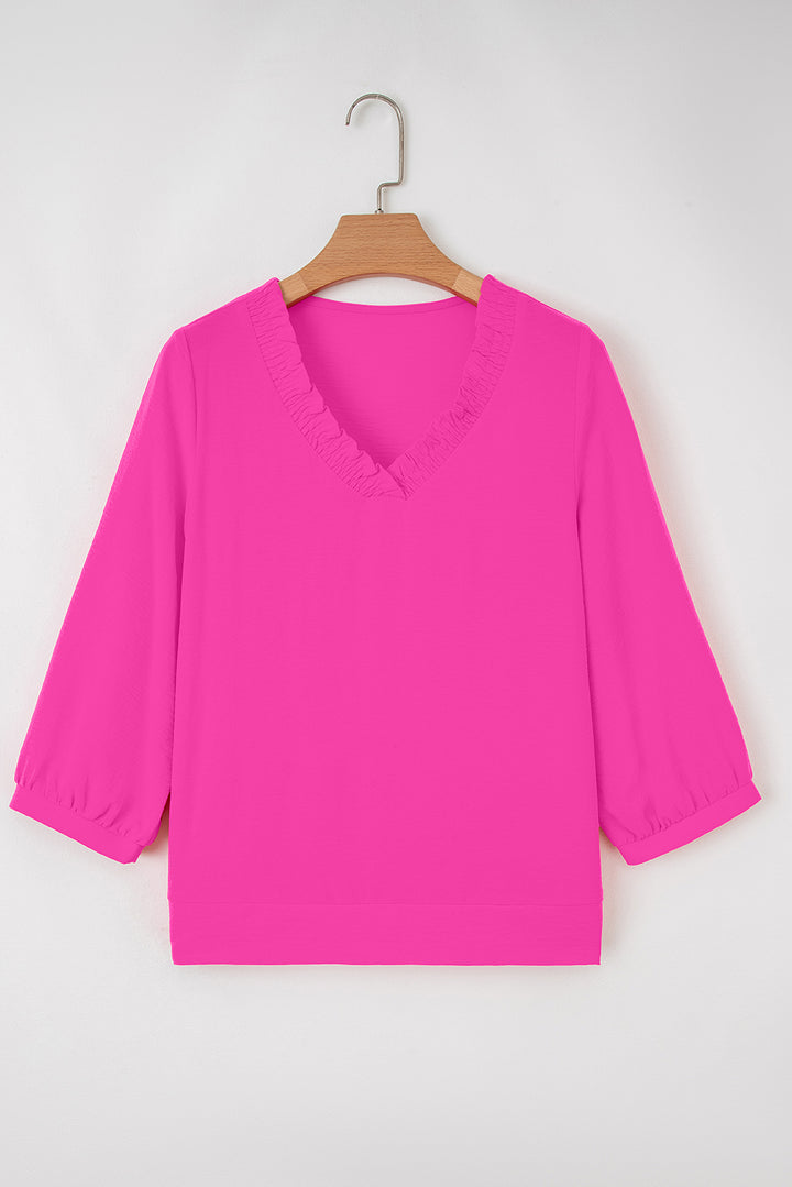 Sky Blue Frilled V Neckline Bracelet Sleeve Crinkled Blouse