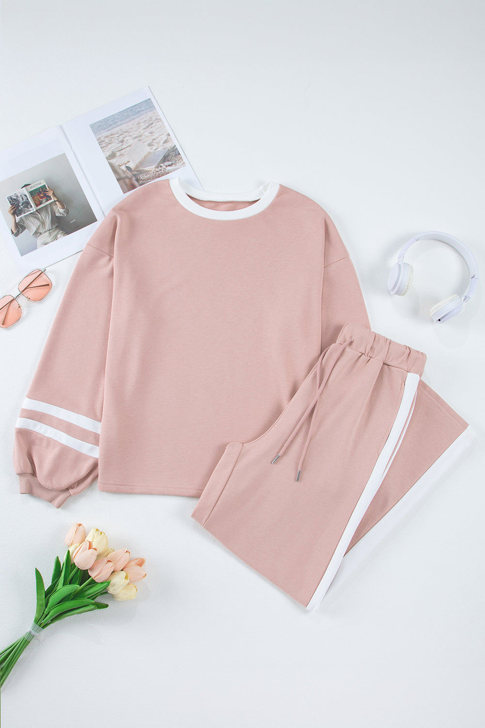 Pink Varsity Stripe Patchwork Puff Sleeve Pullover Drawstring Wide Leg Pant Set