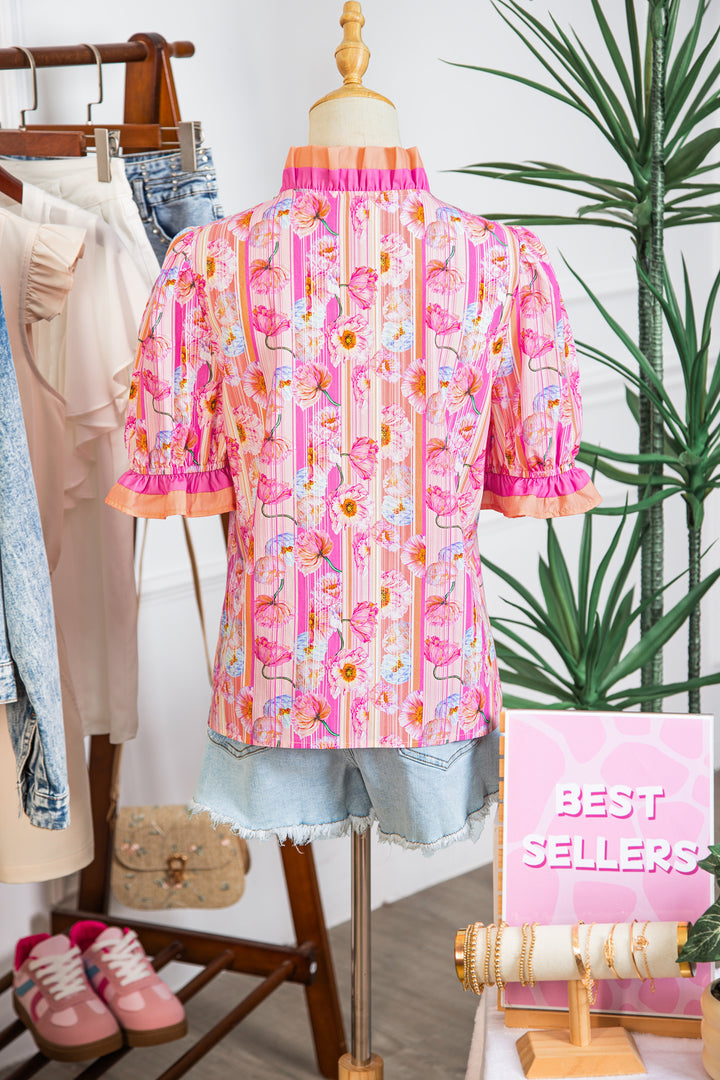 Pink Poppy Flower Striped Print Color Block Trim V Neck Short Sleeve Cotton Blouse