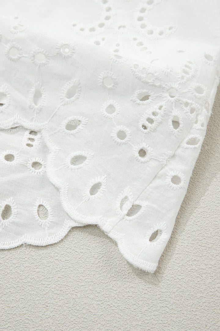 White Solid Color Eyelet Embroidered Cotton T Shirt Mini Dress