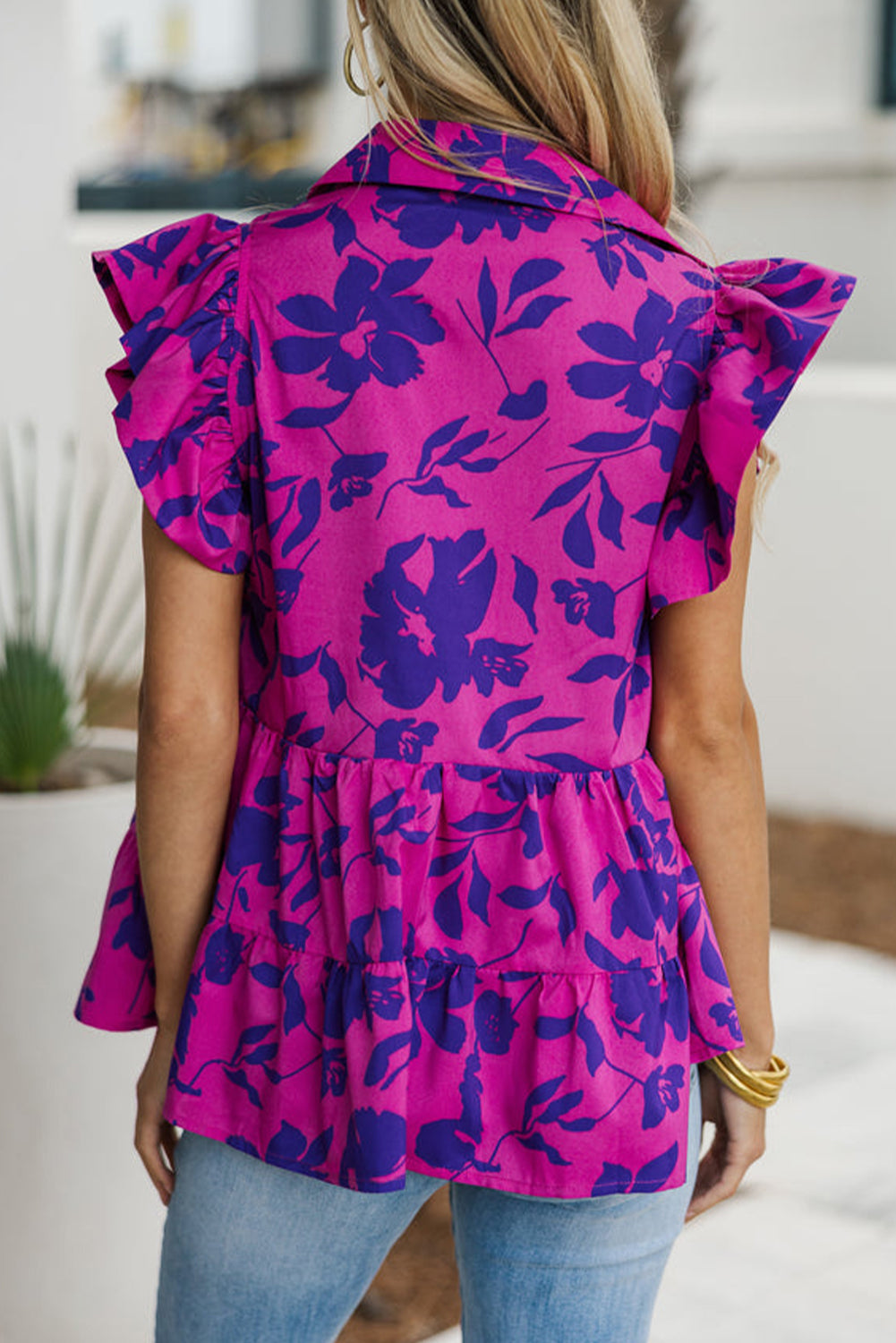 Orange Floral Print Collared Button Neckline Flutter Sleeve Blouse