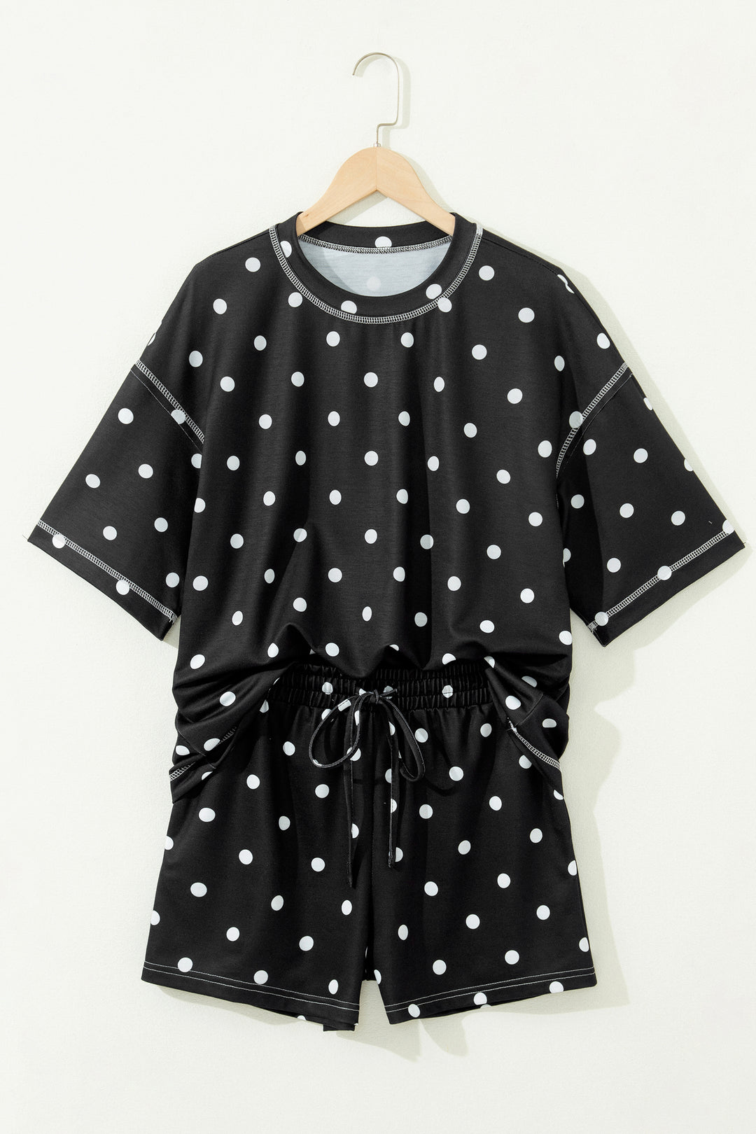 Black Exposed Seam Detail Polka Dot Loose Tee Drawstring Shorts Set