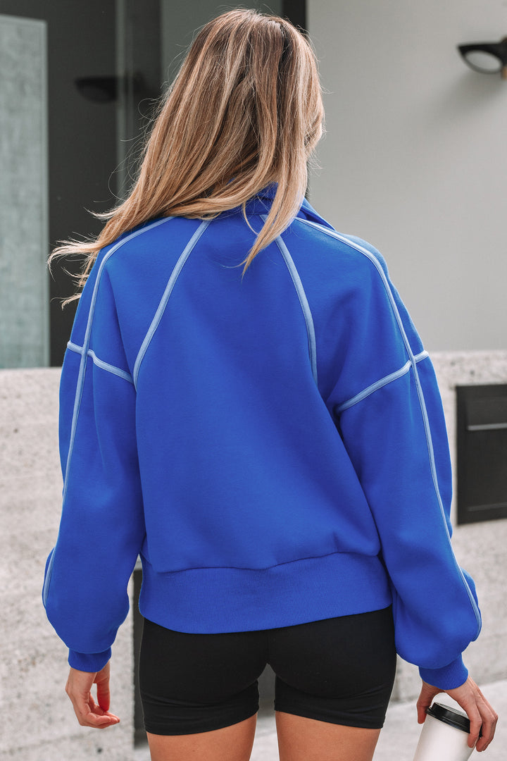 Sky Blue Button up Collared Exposed Seam Chic Sweatshirt