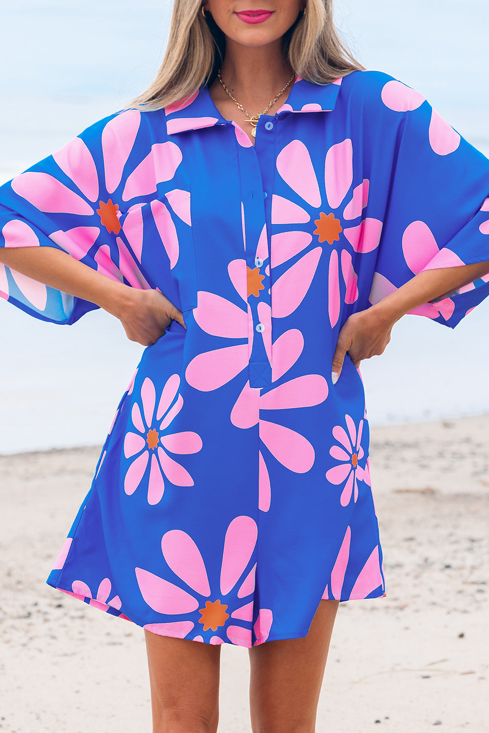 Blue Summer Flower Print Shirt Collar Button Front Loose Romper