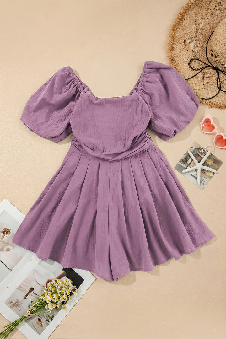 Valerian Cotton Square Neck Ruched Puff Sleeve Romper