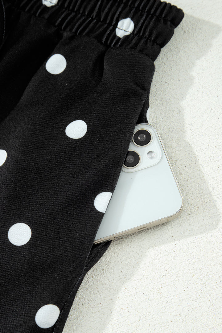 Black Exposed Seam Detail Polka Dot Loose Tee Drawstring Shorts Set