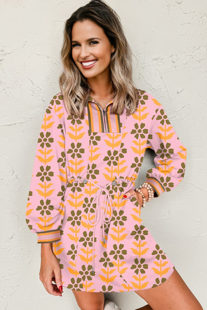 Pink Floral Print Zip Neck Striped Patchwork Long Sleeve Drawstring Dress