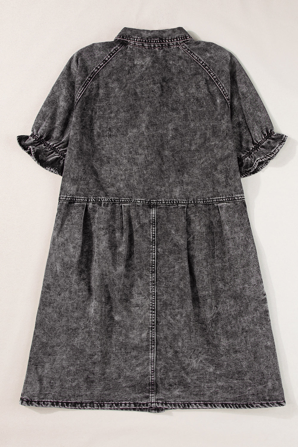 Medium Grey Mineral Wash Ruffled Short Sleeve Buttoned Denim Dress  | Women