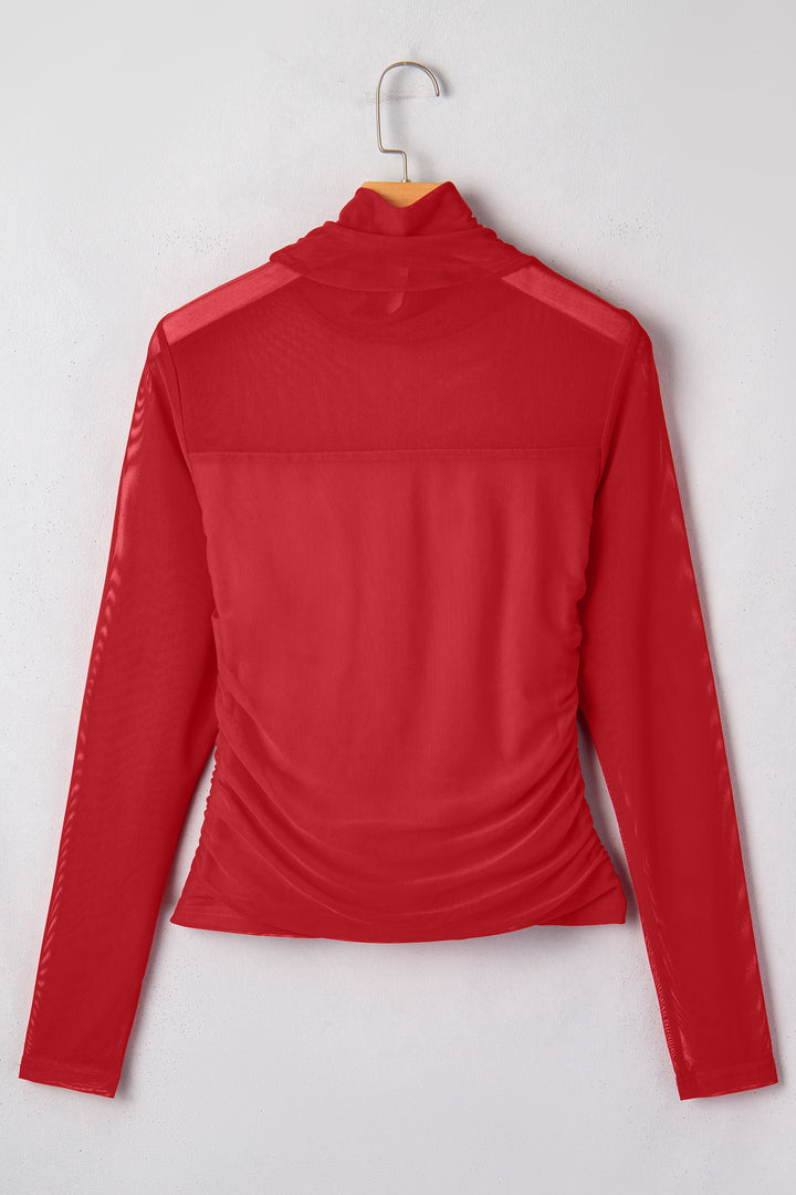 Black Sheer Mesh Patchwork High Neck Long Sleeve Top