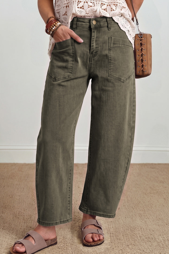 Beau Blue Solid Color Square Patch Pocket Ankle-length Barrel Jeans