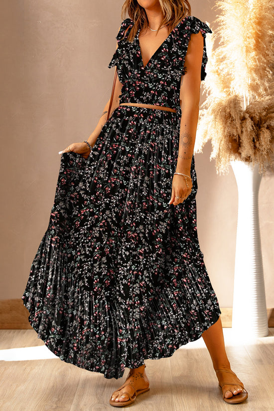 Black Multicolor Floral Ruffled Crop Top and Maxi Skirt Set | Women