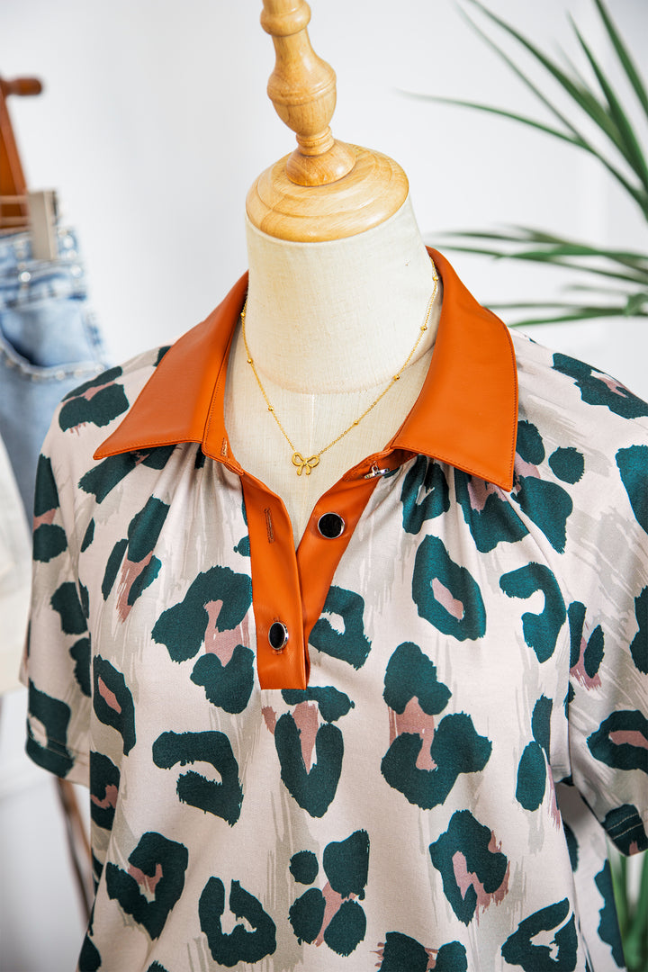 Casual Unique Leopard Print Button Contrast Collared Short Sleeve Blouse