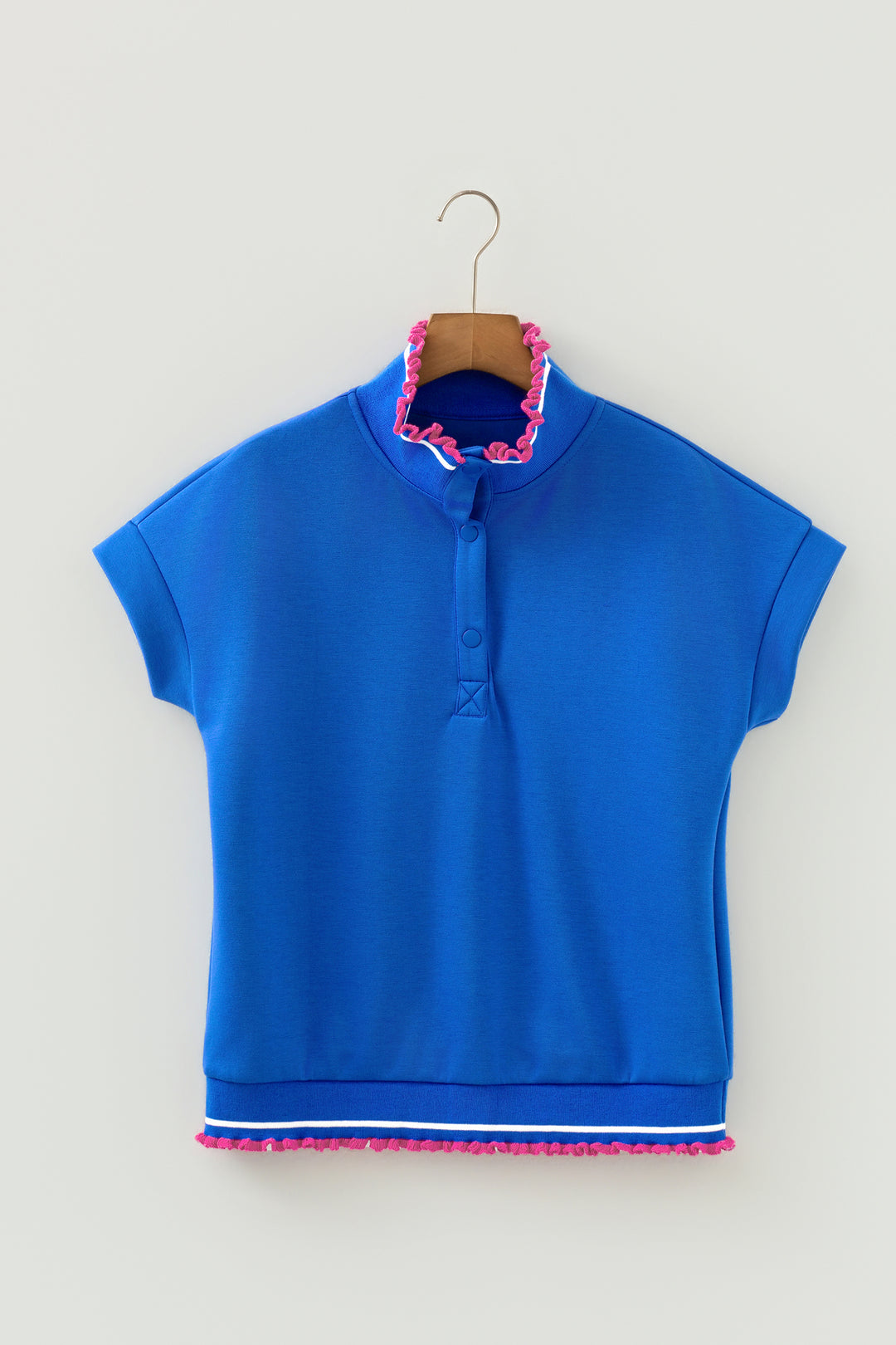 Sky Blue Contrast Frilled Trim Button Collared Short Sleeve Knit Top