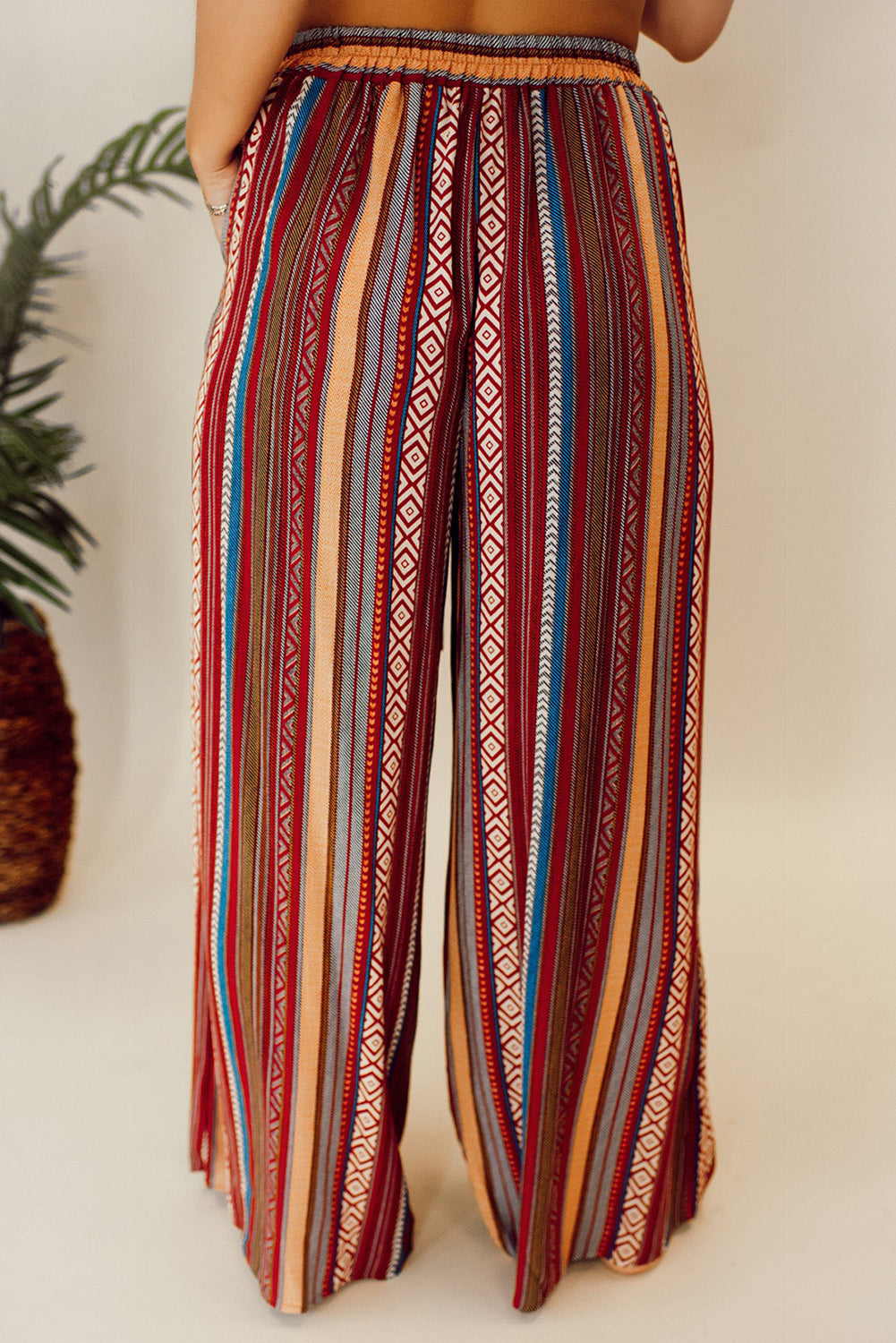 Red Boho Ethnic Striped Print Tie Waist Wide Leg Pants | Women