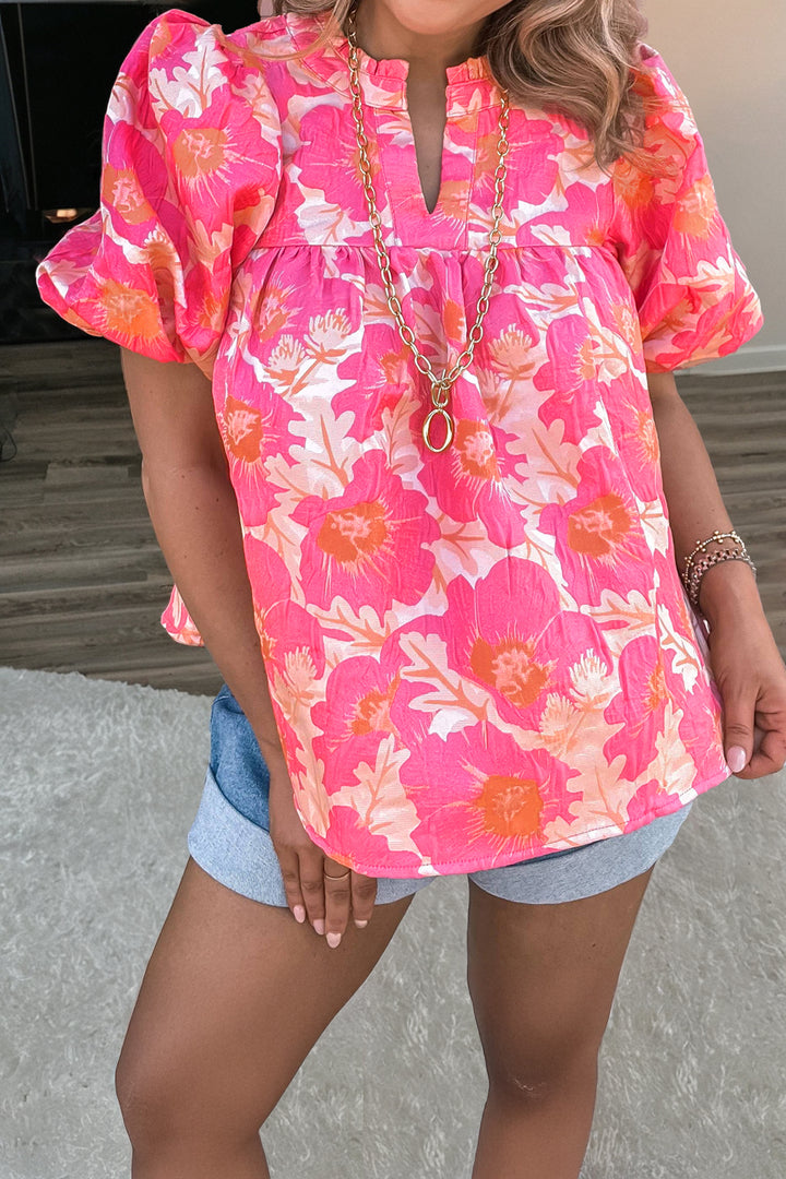 Pink Short Bubble Sleeve Summer Floral Blouse