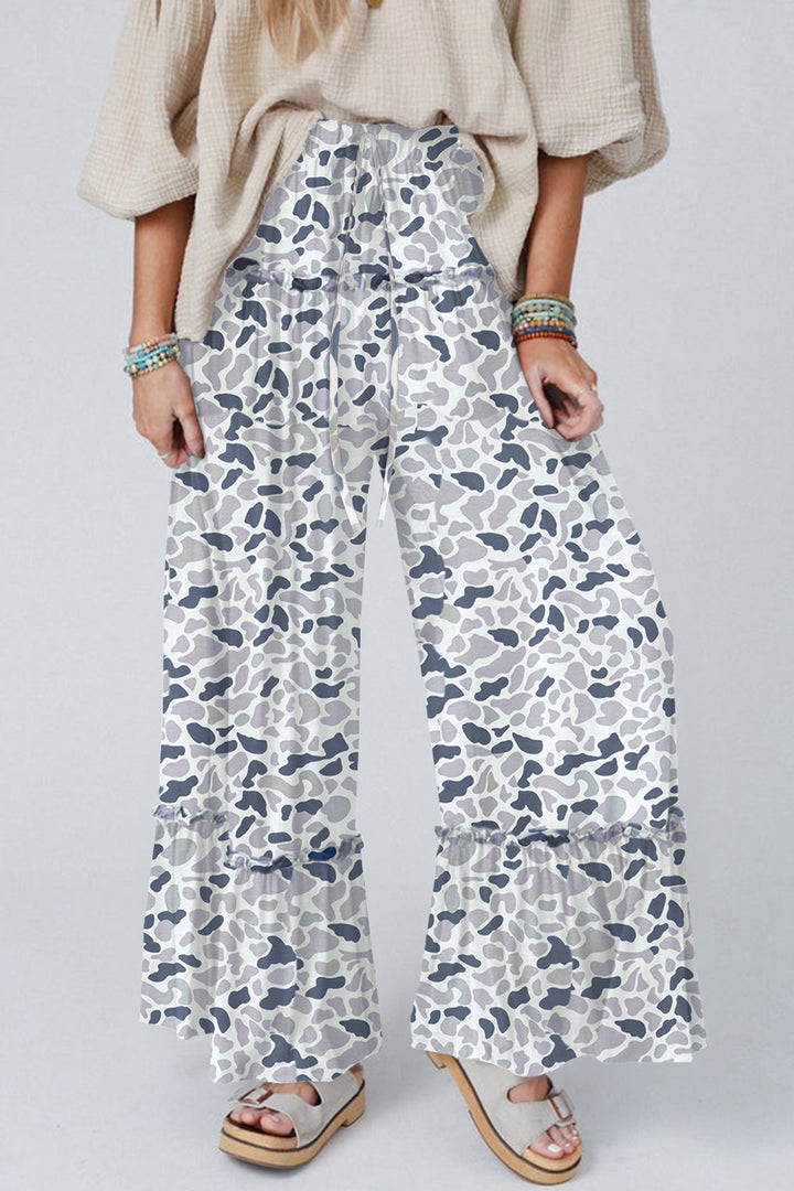 Beige Camo Print Wide Leg Casual Pants