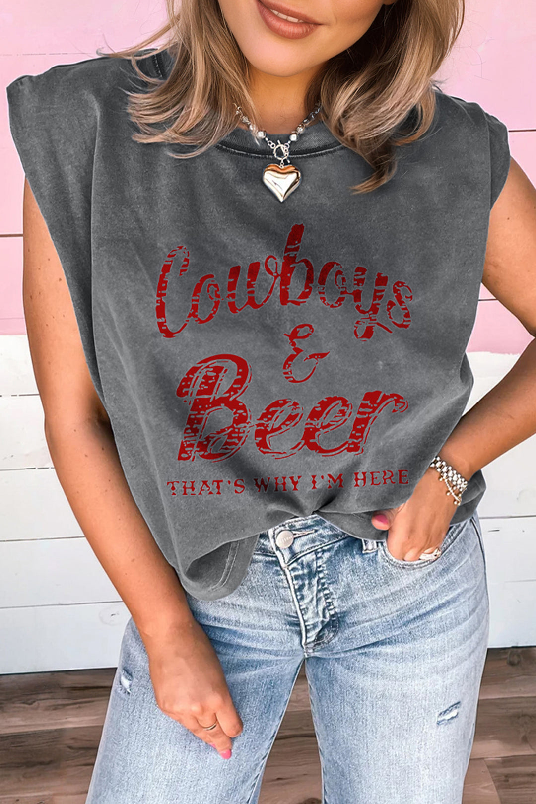 Sleet Cowboy &amp; Beer Western Graphic Mineral Wash Tank Top