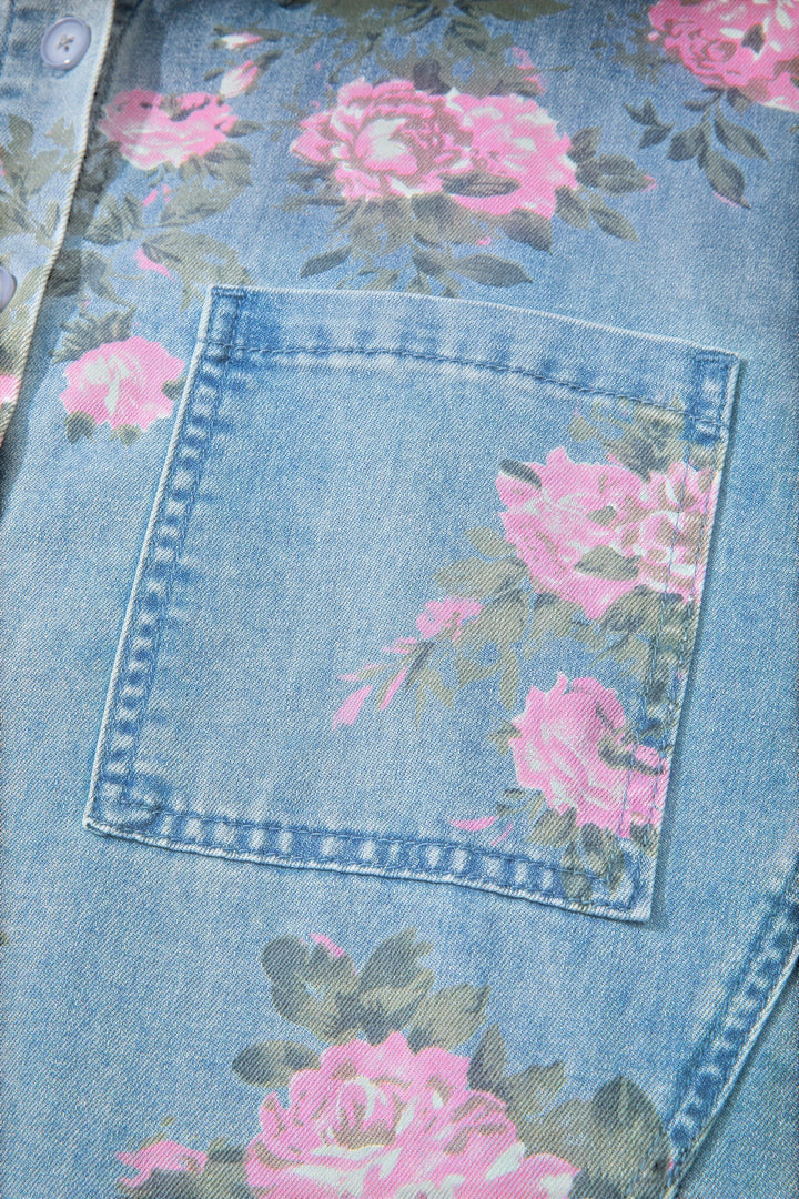 Blue Bracelet Sleeve Floral Denim Shirt