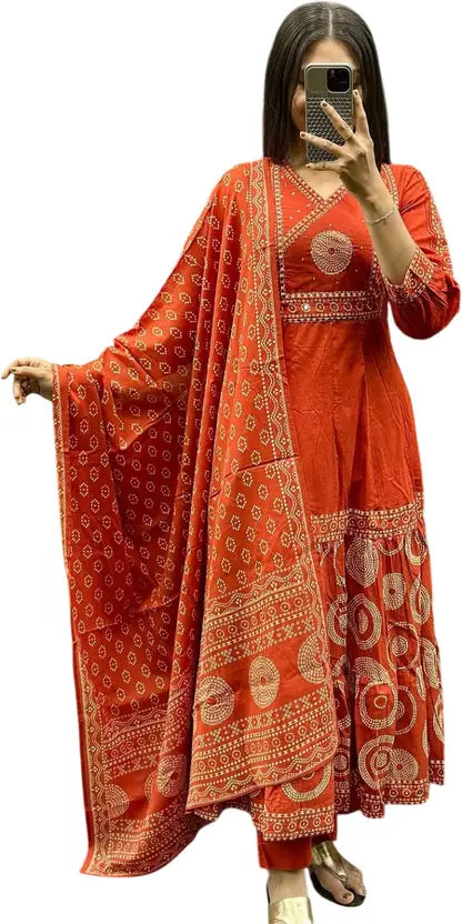 Women’s Rust Orange Printed Kurta Set with Matching Dupatta