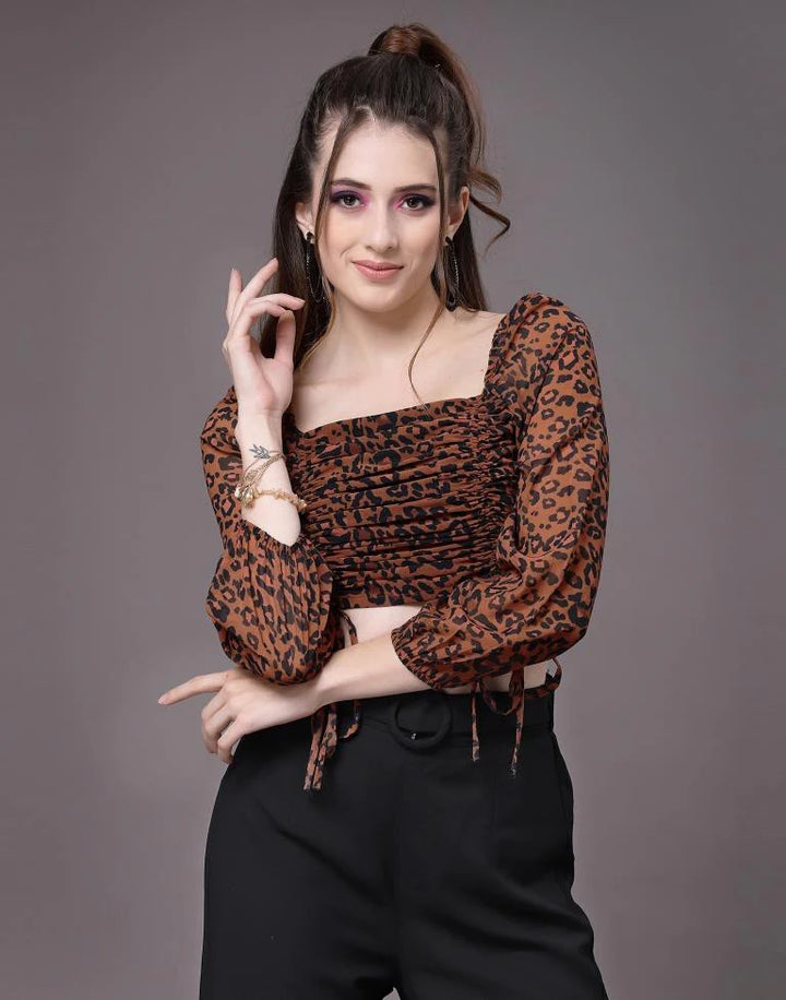 Brown Leopard Print Ruched Top Front Wome Errabelly