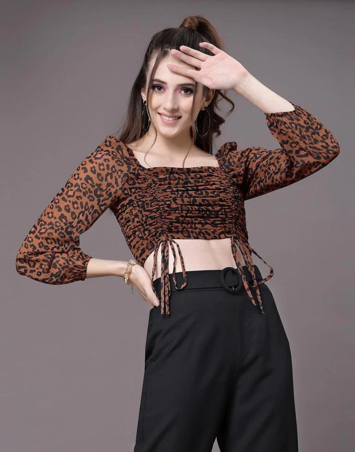 Brown Leopard Print Ruched Top side view women errabelly