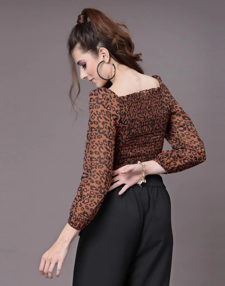 Brown Leopard Print Ruched Top back view