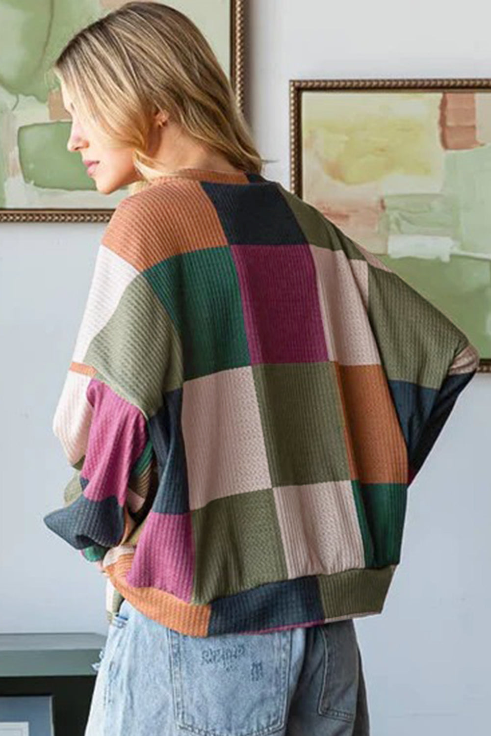 Green Checkered Print Textured Knit Long Sleeve Loose Top