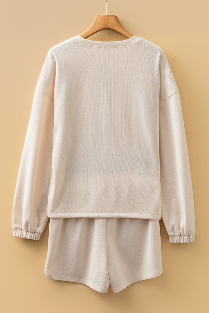 Jet Stream Solid Color Textured Knit Drop Shoulder Pullover Drawstring Shorts Set