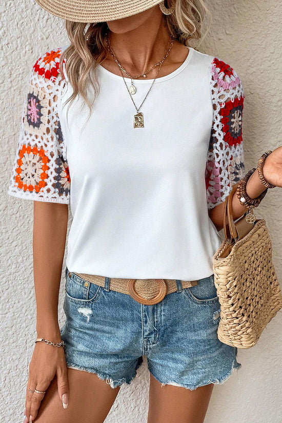 White Floral Crochet Short Sleeve Top | Women