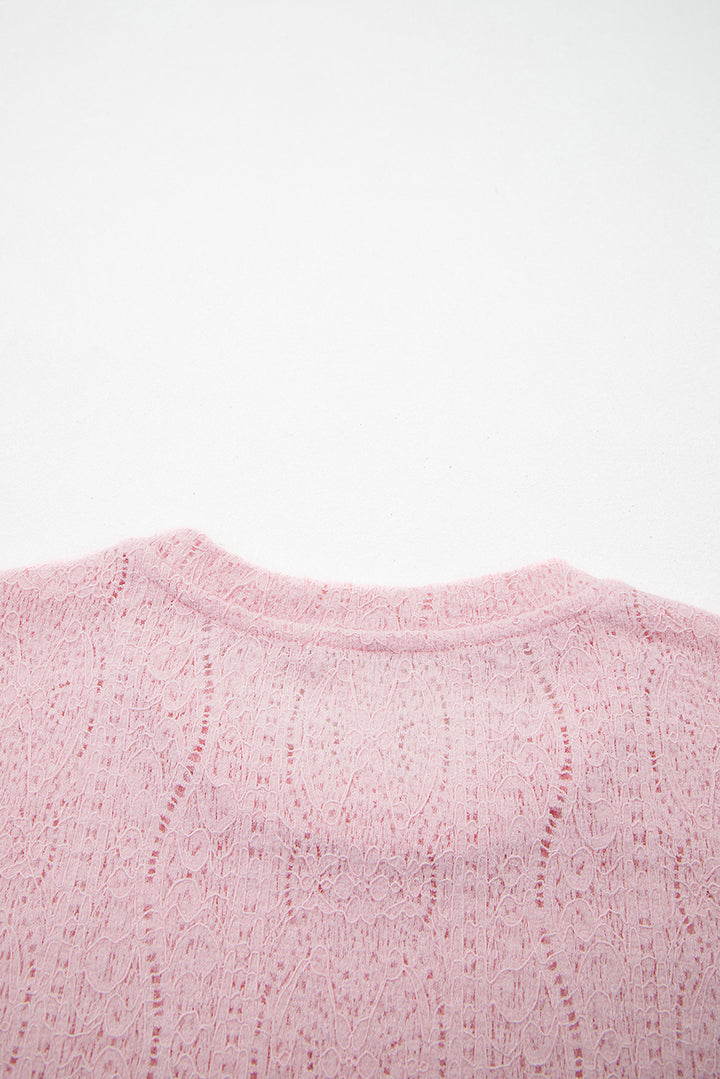 Light Pink Semi Sheer Lace Long Sleeve Cropped Top