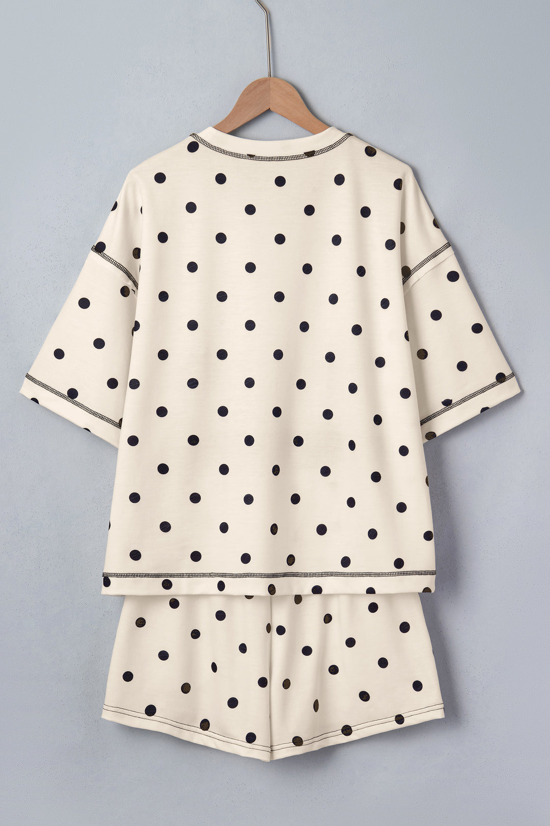 White Exposed Seam Detail Polka Dot Loose Tee Drawstring Shorts Set