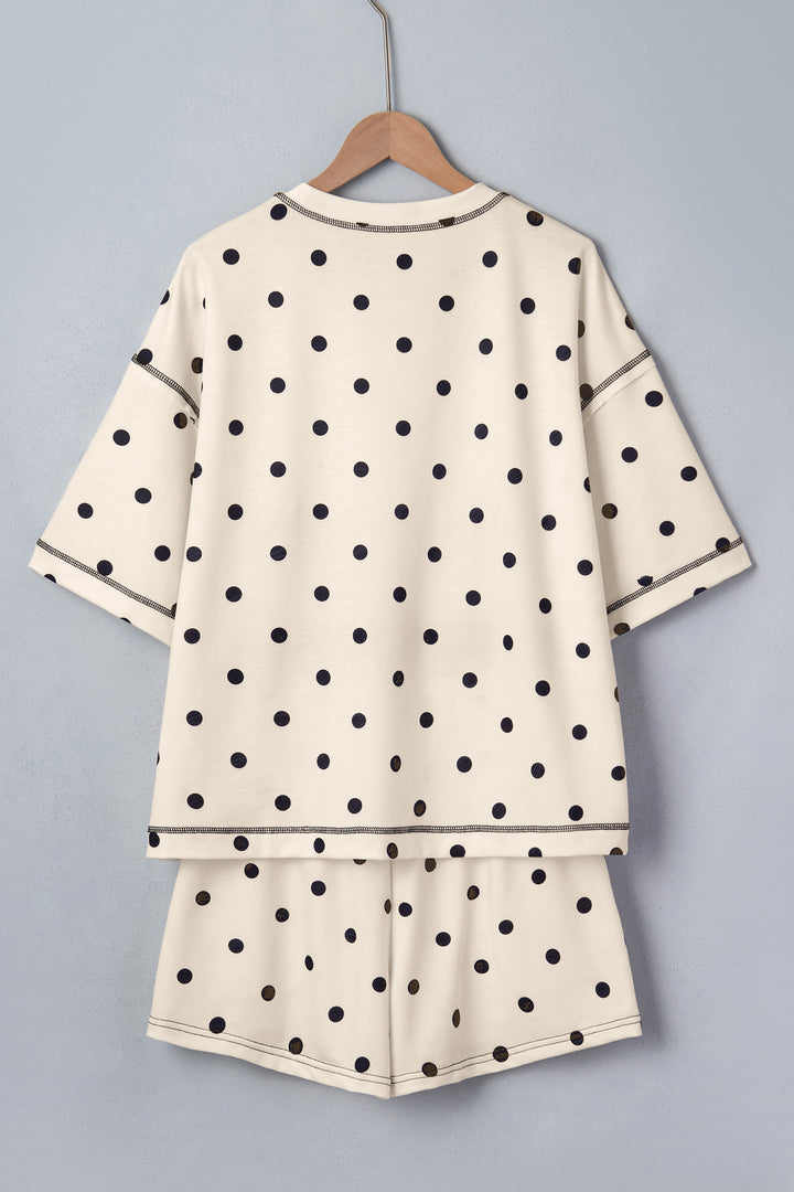 White Exposed Seam Detail Polka Dot Loose Tee Drawstring Shorts Set