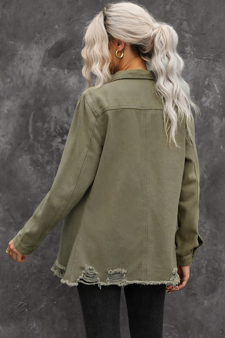 Khaki Raw Hem Distressed Denim Shirt Jacket