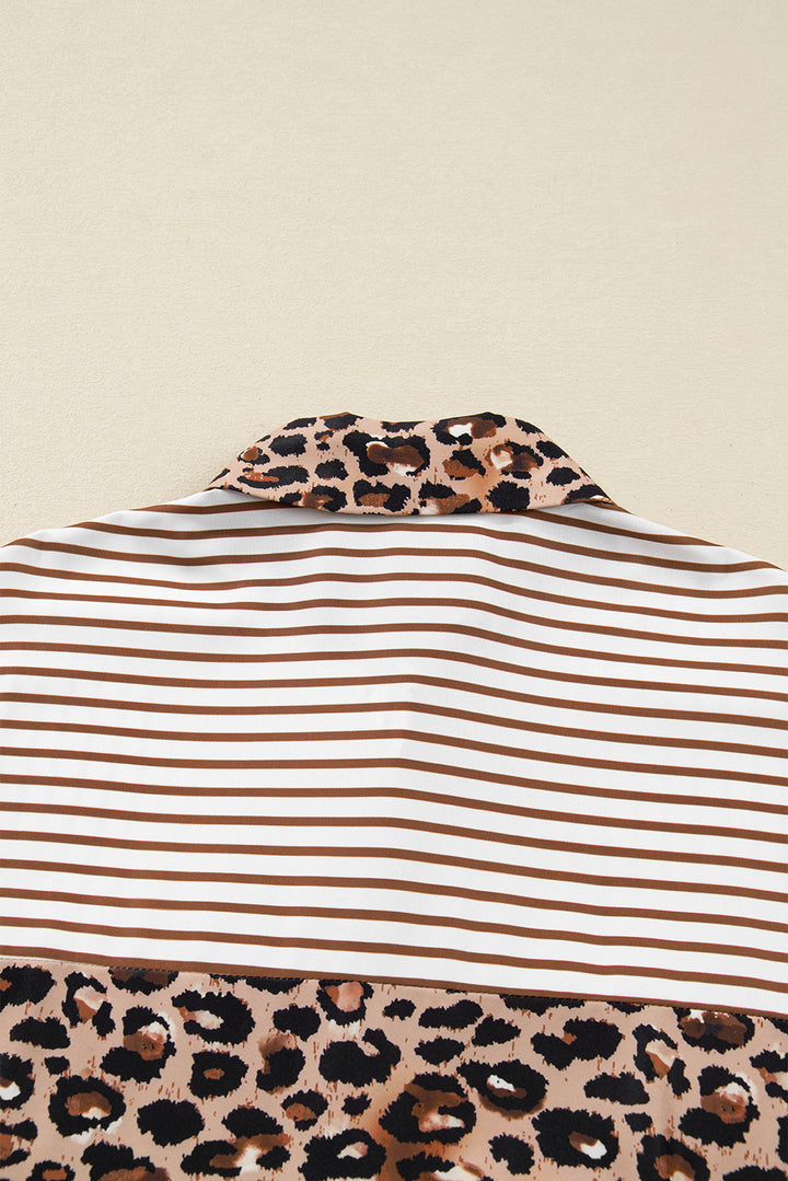 Brown Stripe Contrast Leopard Patchwork Long Shirt Dress with Slits