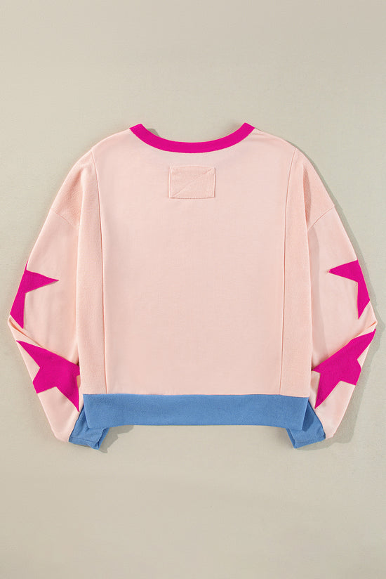 Light Pink Star Patchwork Exposed Seam Oversized Sweatshirt