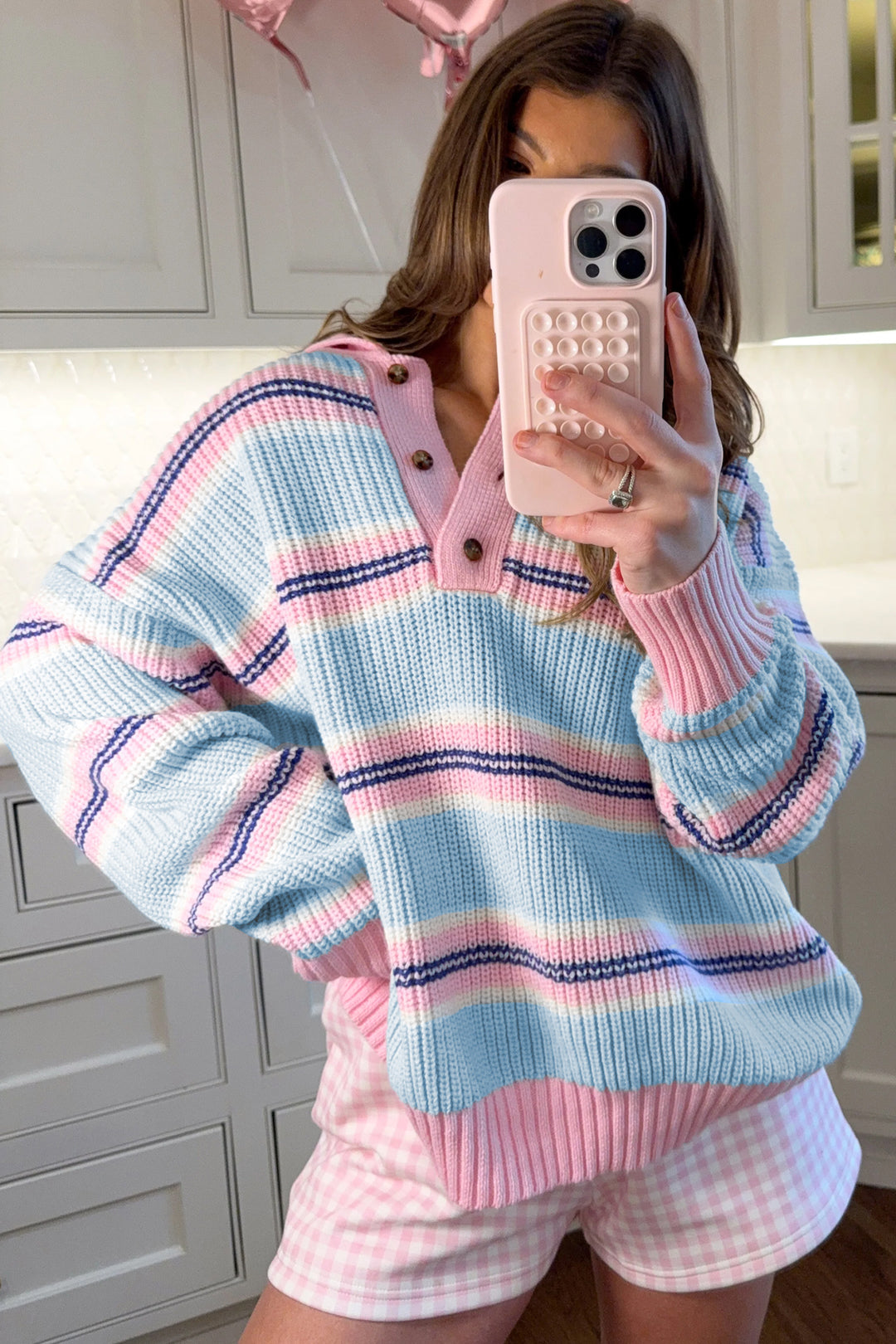 Sky Blue Stripe Striped Button Collar Long Sleeve Shift Fit Winter Knitwear Sweater