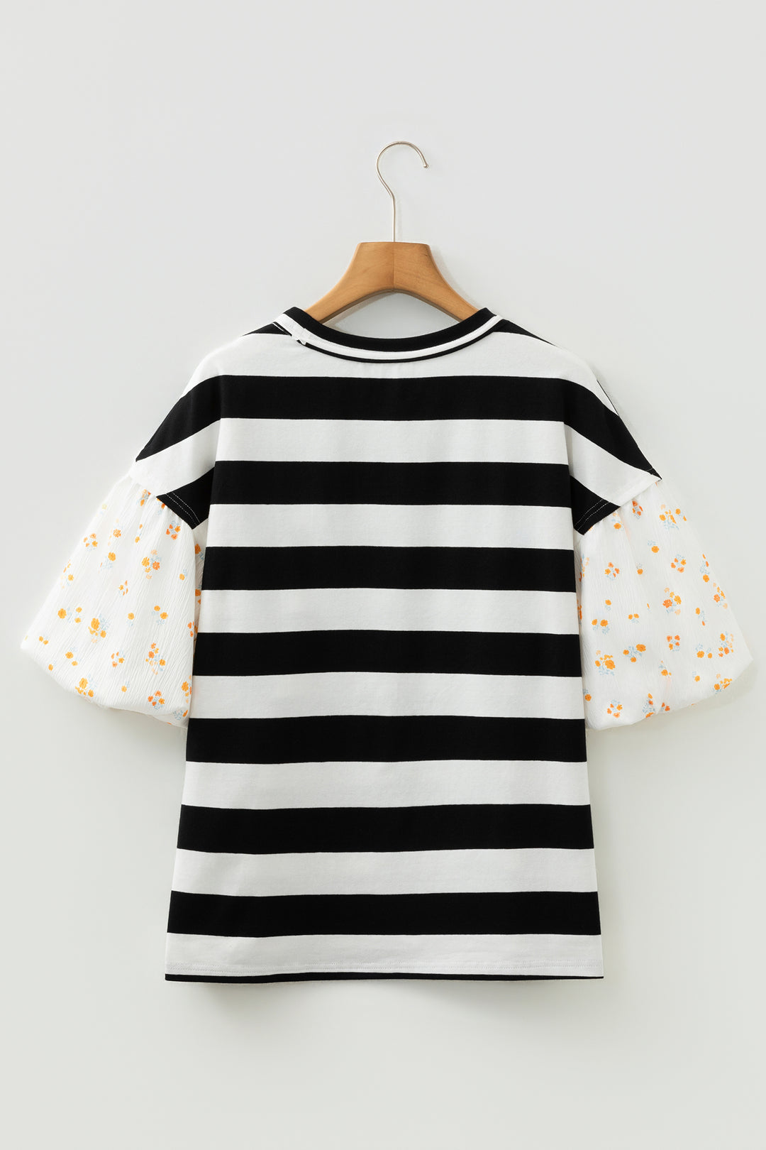 Black Stripe Floral Print Puff Sleeve Patchwork Blouse